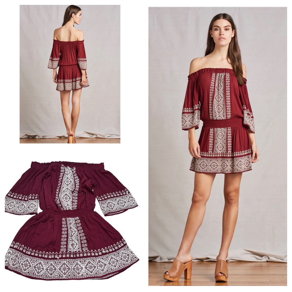 Anthro Tularosa Fiona Drop Waist Off Shoulder Embroidered Dress Mulled Wine Sz M